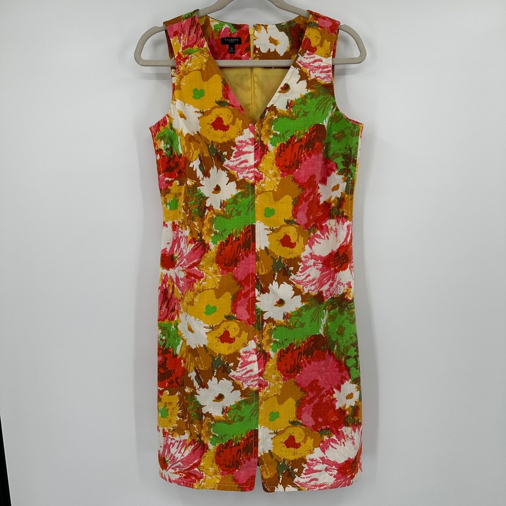 Talbots Petites 10P Floral Cotton V-Neck Sleeveless Sheath Shift Dress Retro Mod